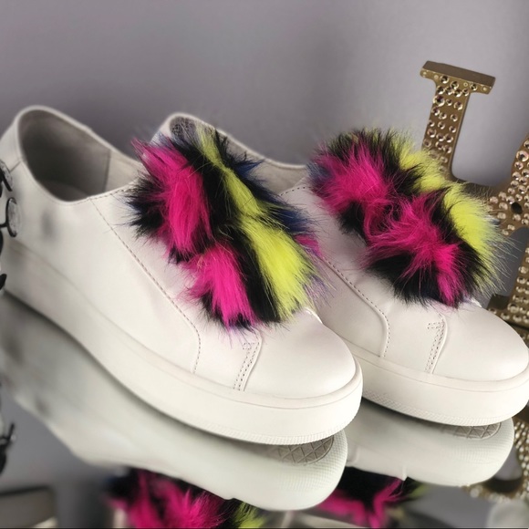 Steve Madden White Multicolor Fur Ball Sneakers - Picture 7 of 8